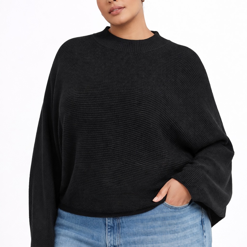 Philosophy Black Ribbed Batwing Sleeve Cropped Sweater – Size Large